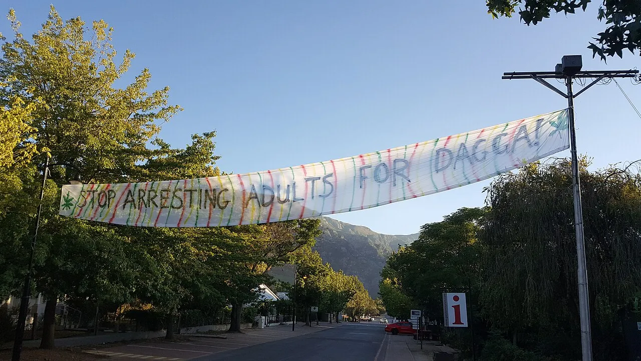 A long banner strung across a tree-lined street, reading Stop arresting adults for dagga