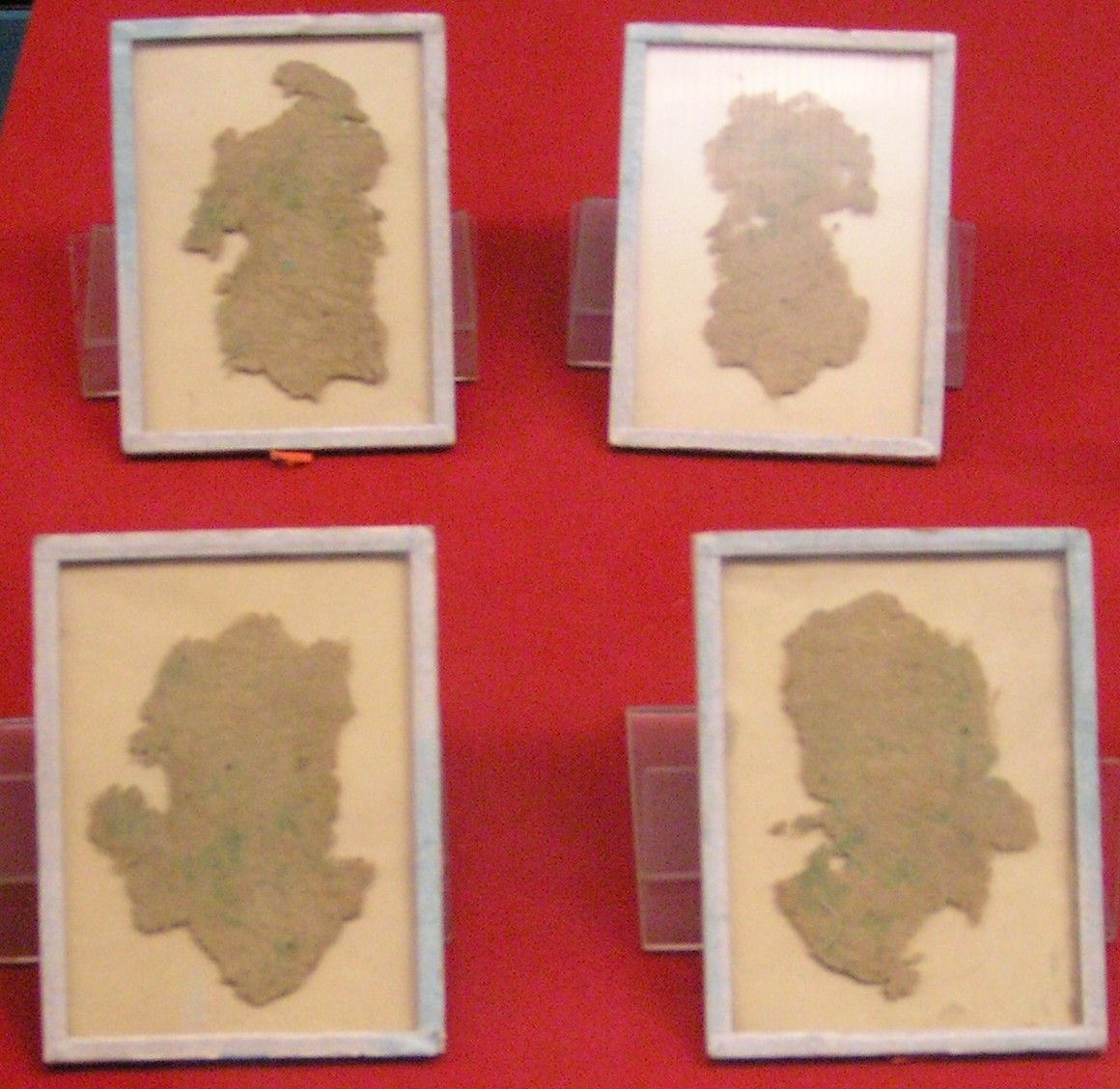 Four irregular fragments of coarse, light brown fibrous paper, each mounted in a glass frame on a red background.