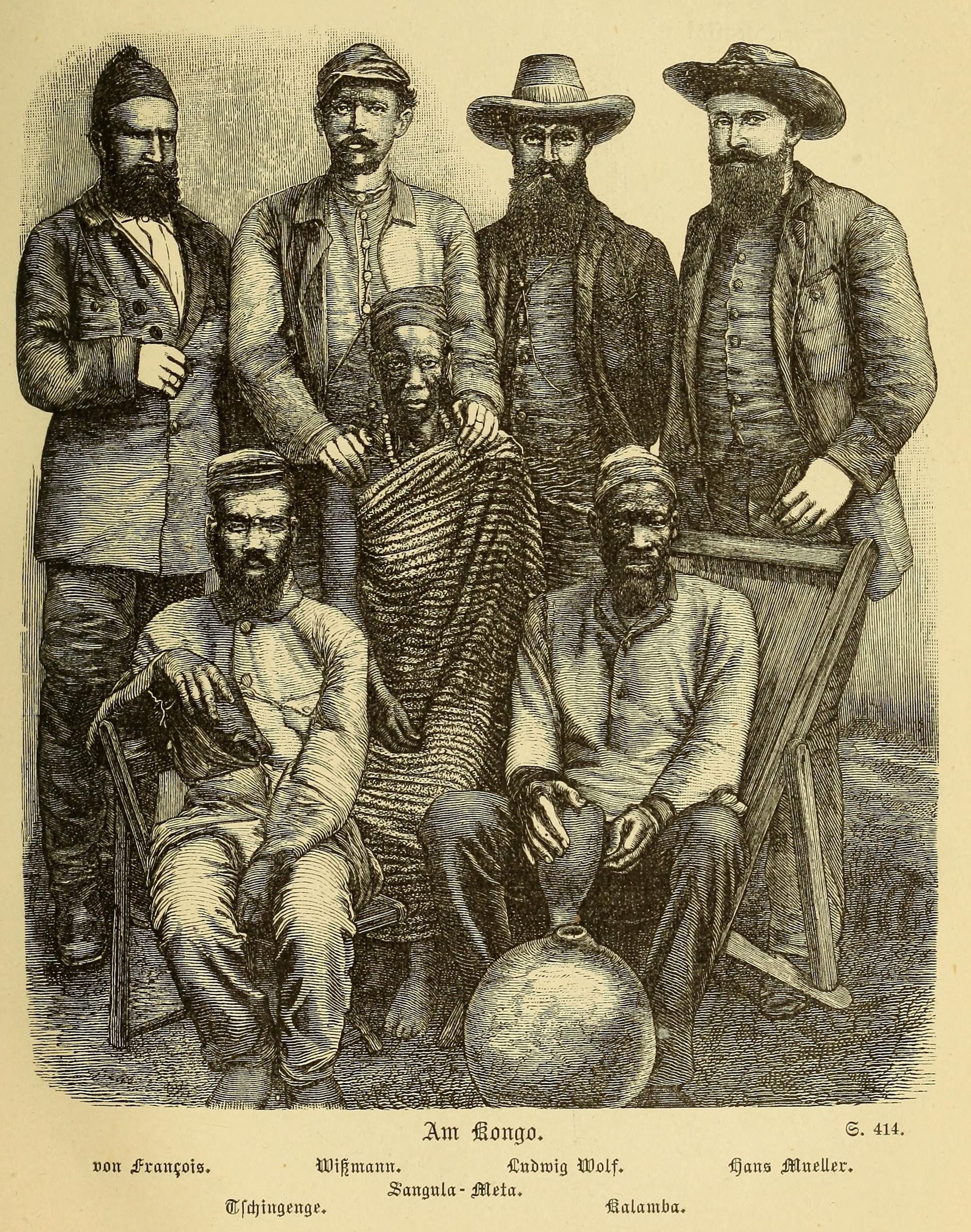 Nineteenth-century engraving depicting Bena Riamba leaders from the Kasai region, with Mukenge seated beside a large gourd water pipe.