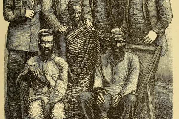 Nineteenth-century engraving depicting Bena Riamba leaders from the Kasai region, with Mukenge seated beside a large gourd water pipe.