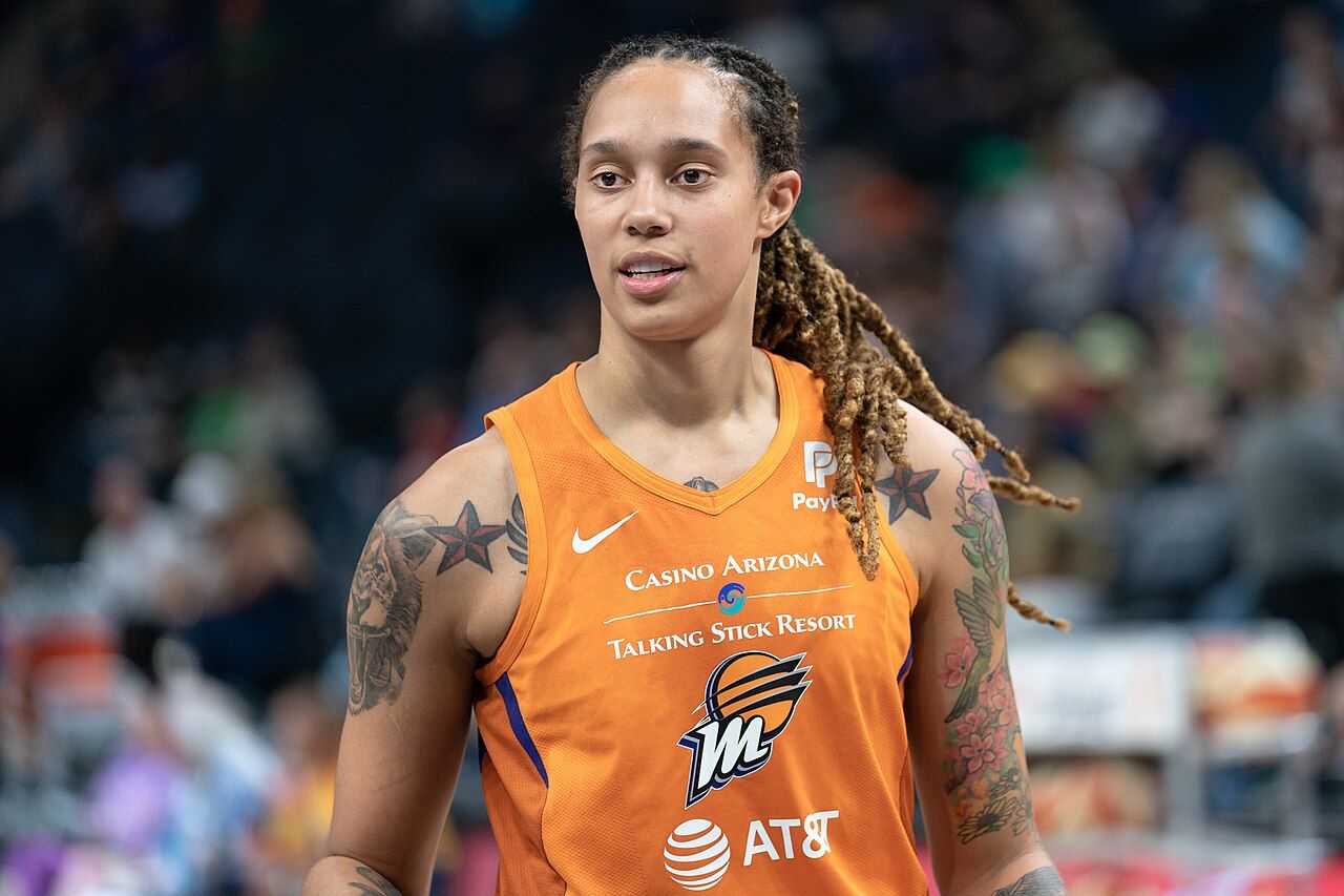 Brittney Griner in a Phoenix Mercury jersey during a game in 2019