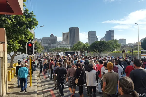 A crowd marching down a street in Cape Town