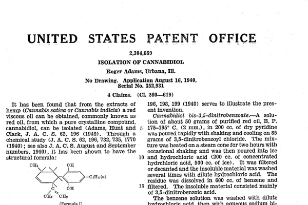 Original 1942 United States Patent Office document titled Isolation of Cannabidiol, showing inventor Roger Adams, the patent number, and an early chemical structure.