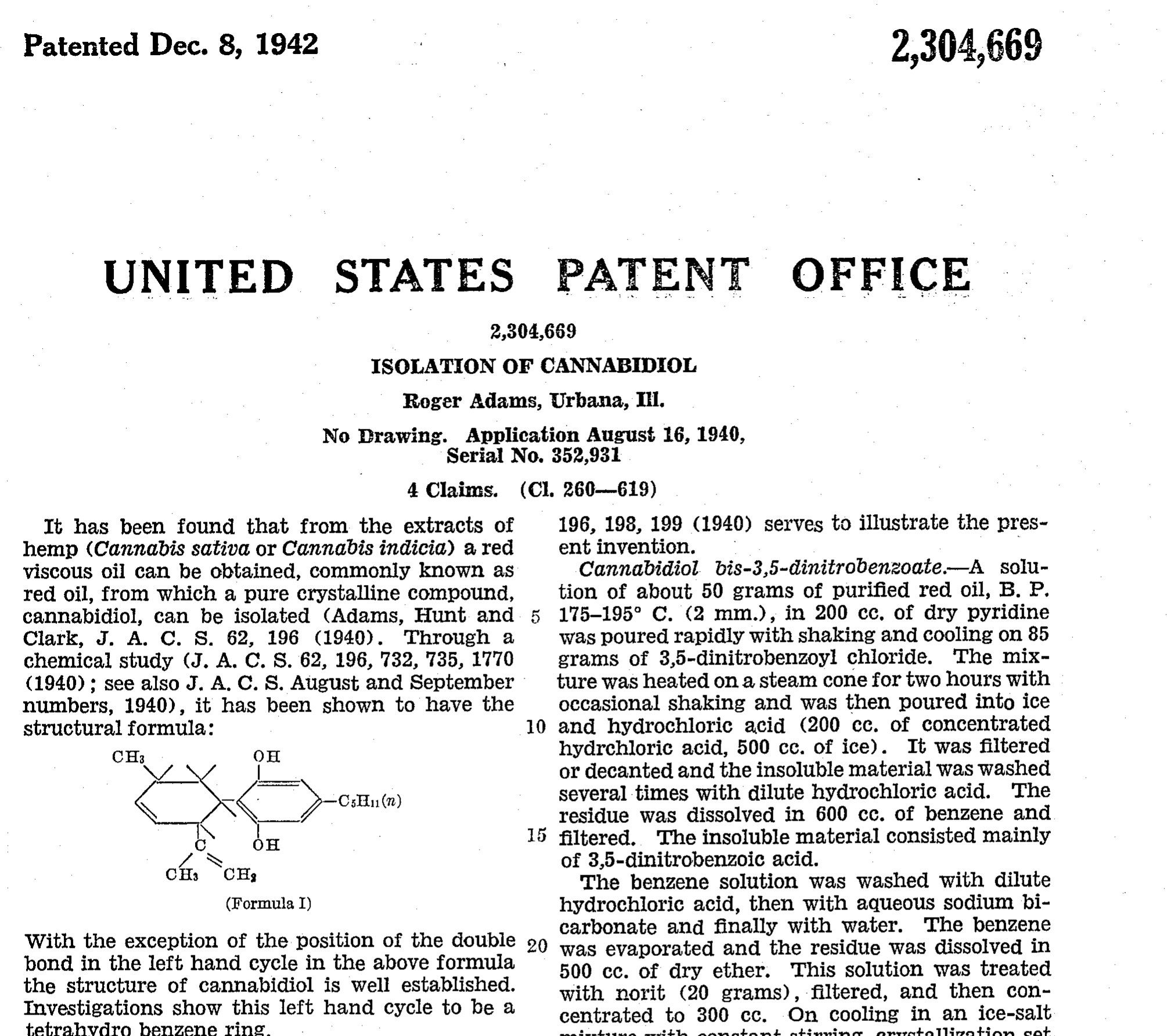 Original 1942 United States Patent Office document titled Isolation of Cannabidiol, showing inventor Roger Adams, the patent number, and an early chemical structure.