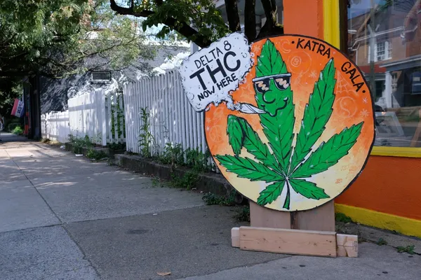 Colorful hand-painted storefront sign in Richmond, Virginia, showing a cartoon cannabis leaf smoking a joint beneath the words DELTA 8 THC NOW HERE.