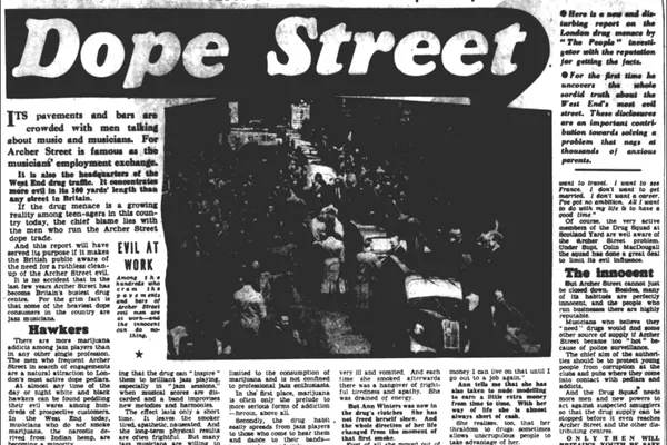 Historical British newspaper clipping from 1954 with the large headline Dope Street above an article sensationalizing cannabis use in London’s jazz scene.