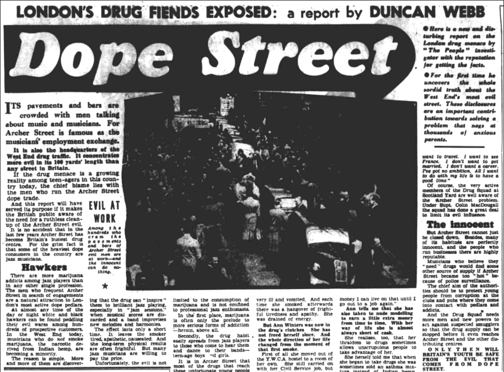 Historical British newspaper clipping from 1954 with the large headline Dope Street above an article sensationalizing cannabis use in London’s jazz scene.