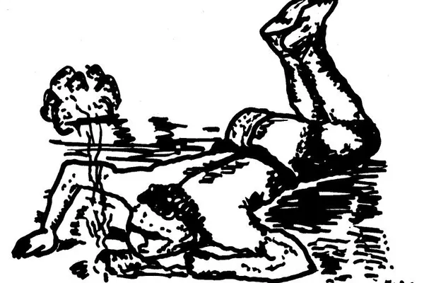 Historical ethnographic illustration of an African smoker lying close to the ground and inhaling from an earth pipe formed directly in the soil.