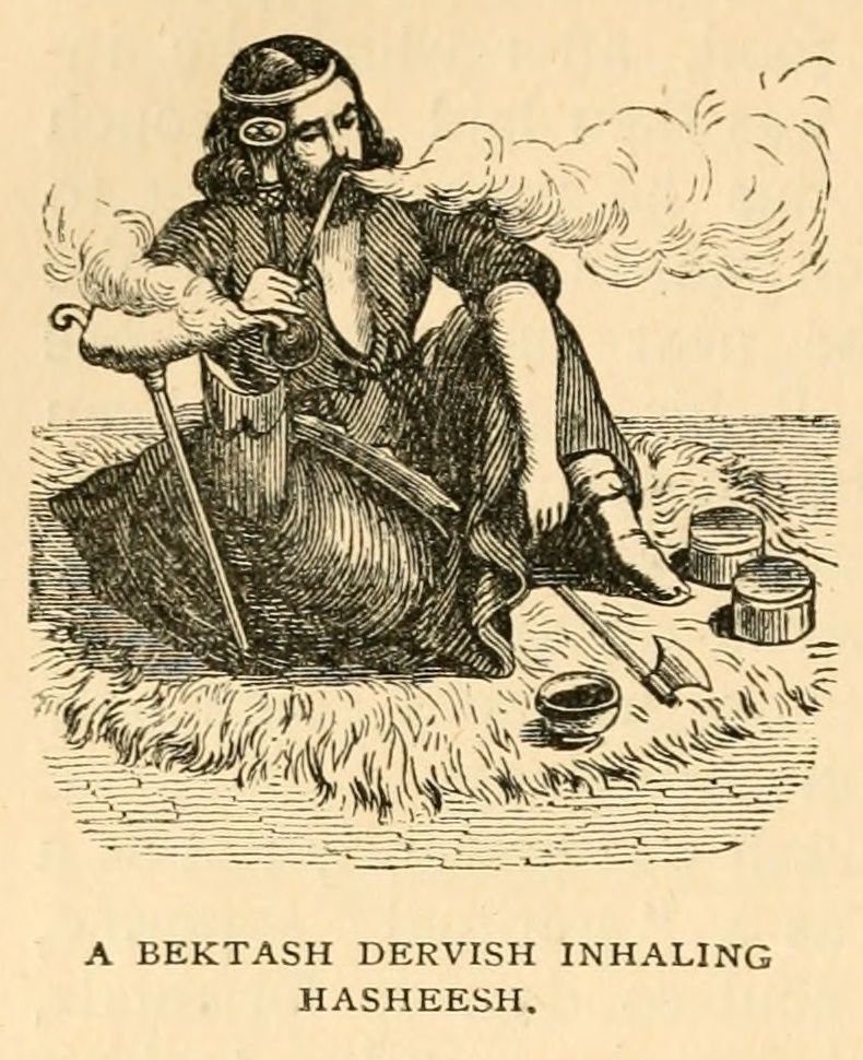 Nineteenth-century engraving of a seated Ottoman Bektashi dervish smoking hashish through a pipe.