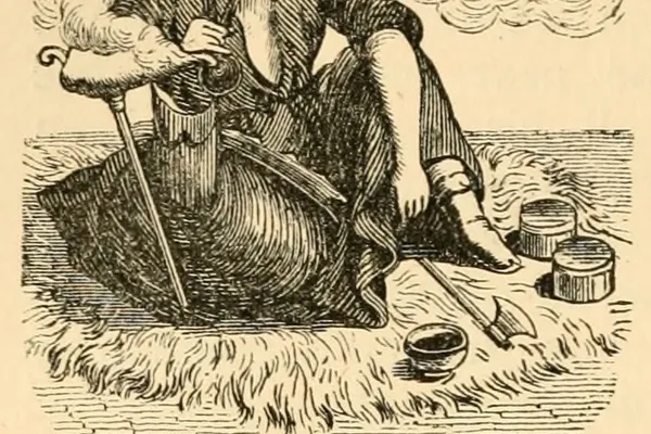 Nineteenth-century engraving of a seated Ottoman Bektashi dervish smoking hashish through a pipe.