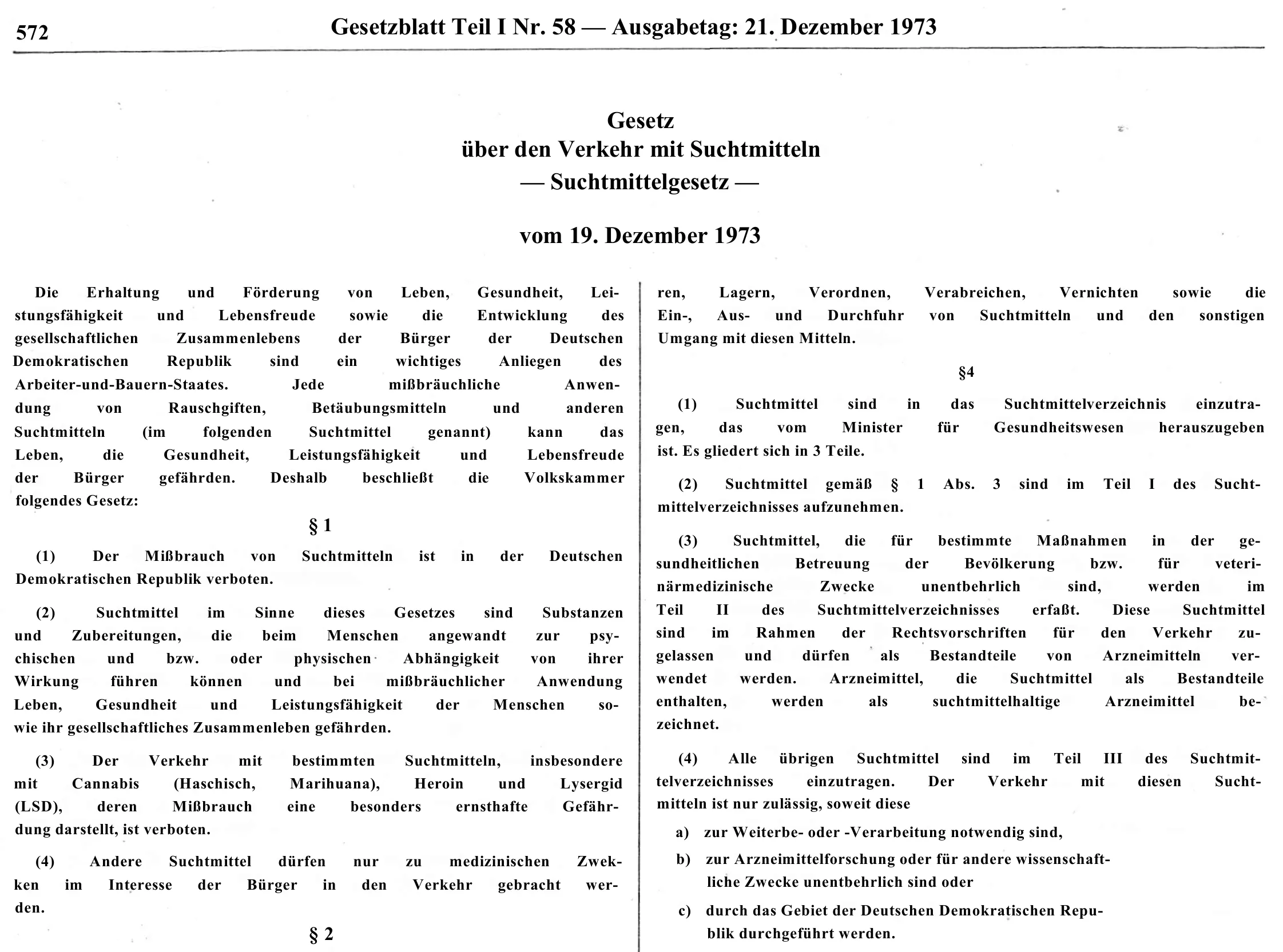 Original 1973 East German government gazette page containing the Suchtmittelgesetz, including Section 1 explicitly naming Cannabis, Haschisch and Marihuana.