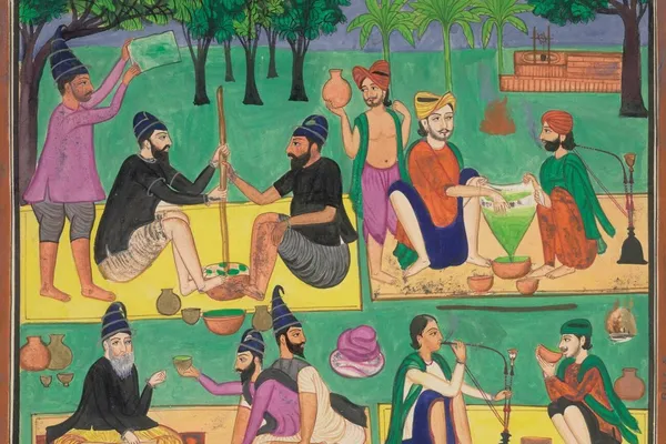 Nineteenth-century Indian painting showing men grinding bhang, straining a green drink and drinking together
