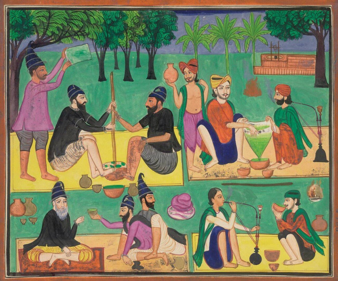 Nineteenth-century Indian painting showing men grinding bhang, straining a green drink and drinking together