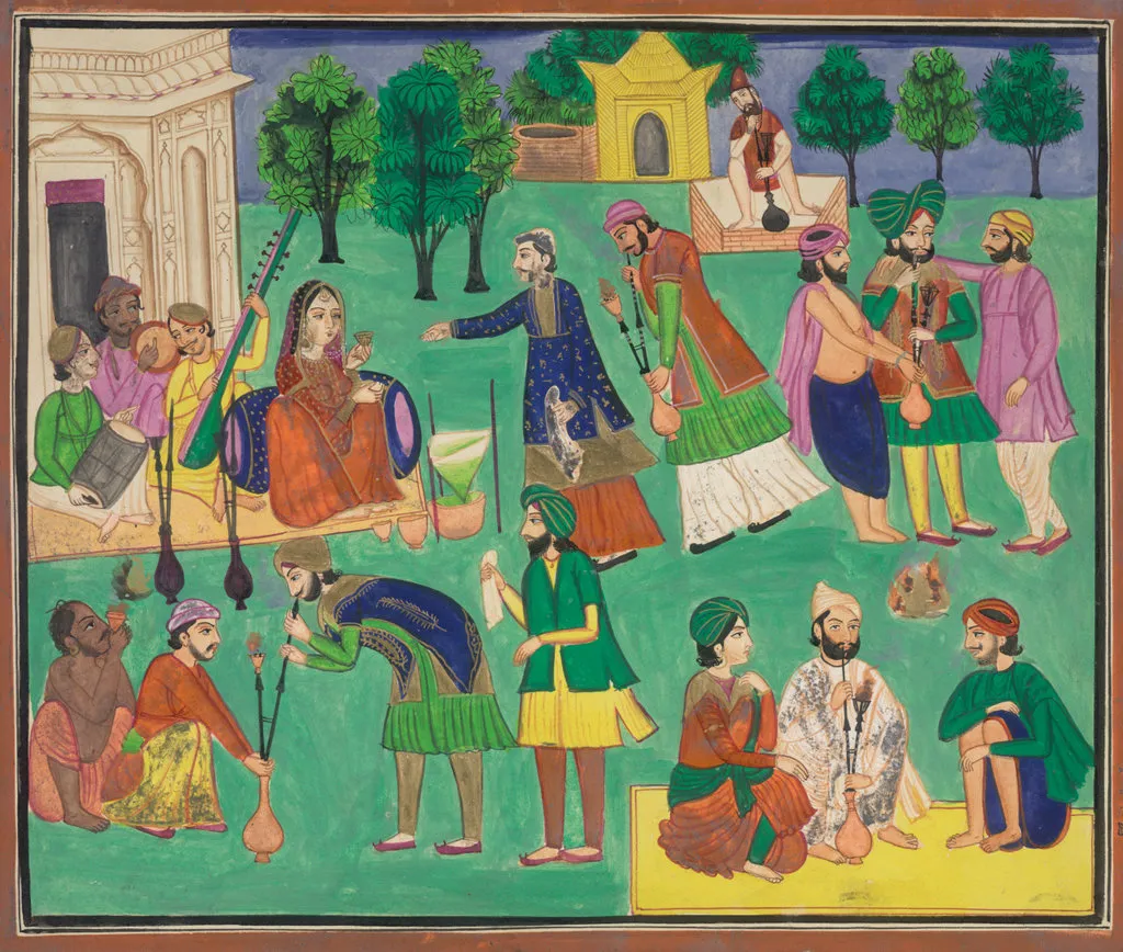 A nineteenth-century Indian painting of men seated around a water pipe