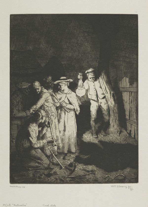 Dark nineteenth-century Scottish etching showing villagers gathered around a traditional Halloween fortune-telling ritual.