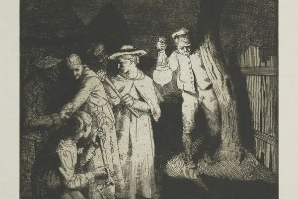 Dark nineteenth-century Scottish etching showing villagers gathered around a traditional Halloween fortune-telling ritual.