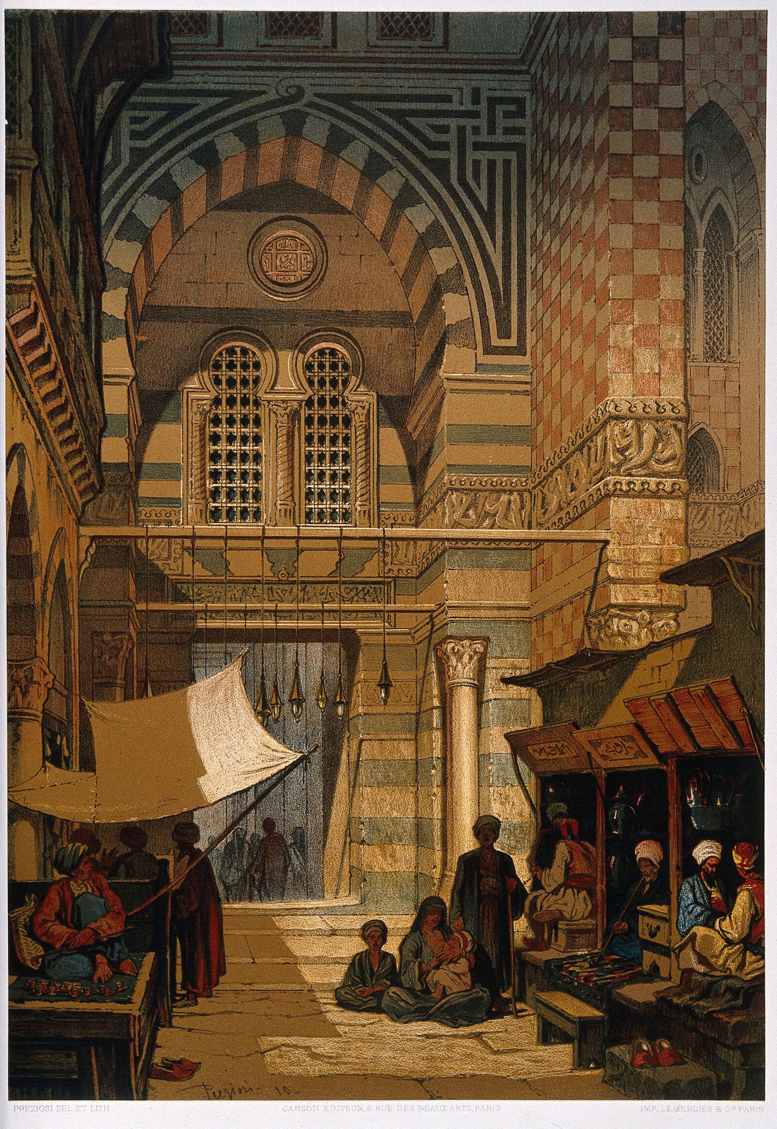 Colorful nineteenth-century lithograph depicting a Cairo marketplace with hashish merchants, seated customers and richly decorated Islamic architecture.