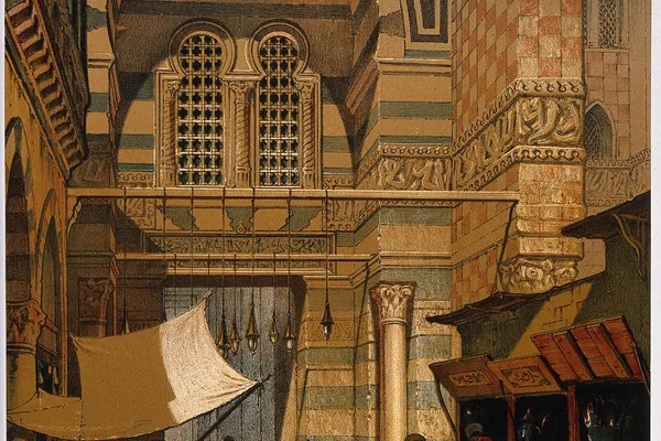 Colorful nineteenth-century lithograph depicting a Cairo marketplace with hashish merchants, seated customers and richly decorated Islamic architecture.