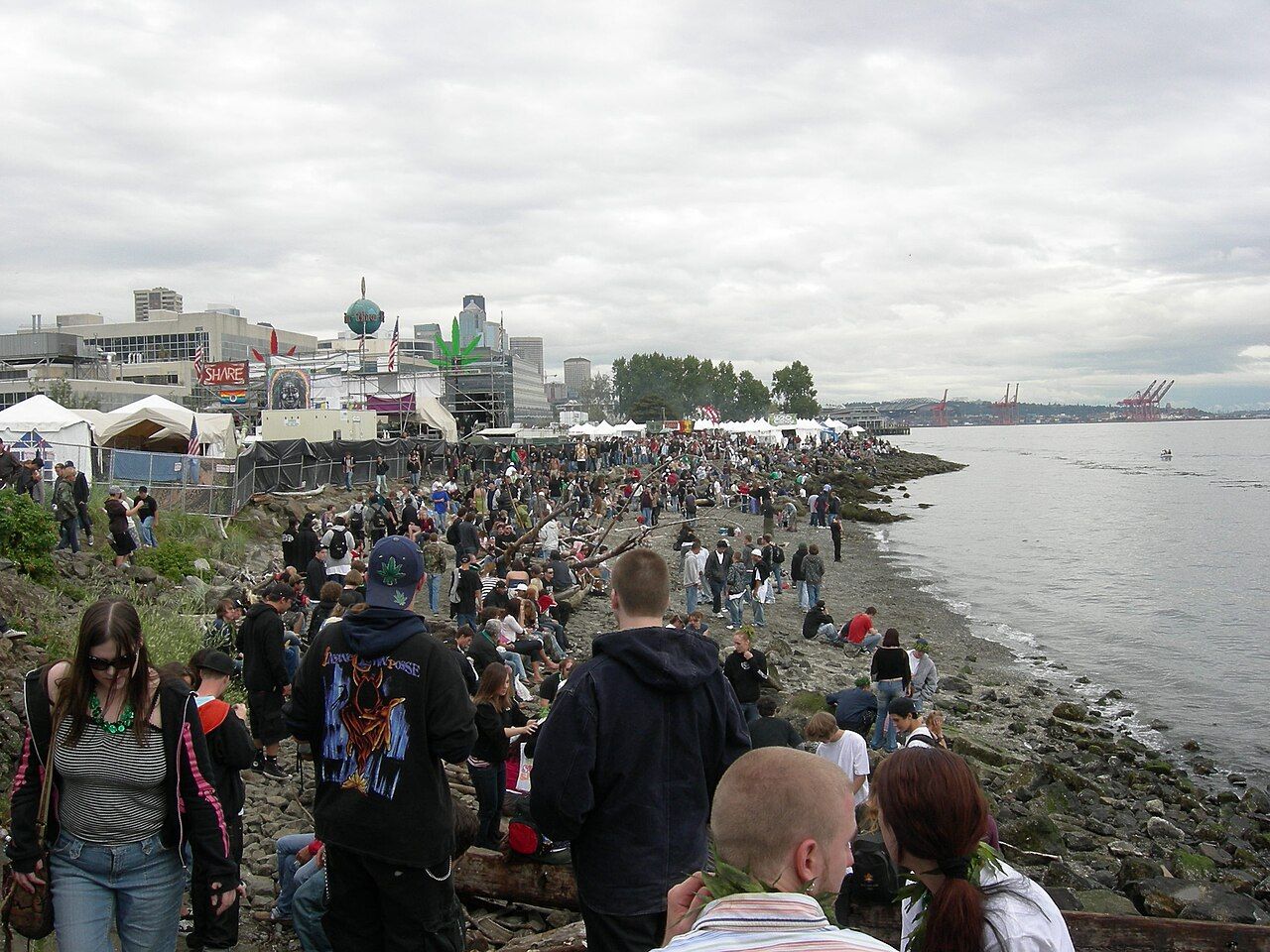 A large crowd along the rocky beach at Seattle Hempfest