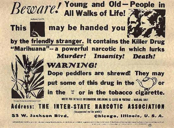 Poster: Beware! It contains the killer drug marihuana, in which lurks murder, insanity, death