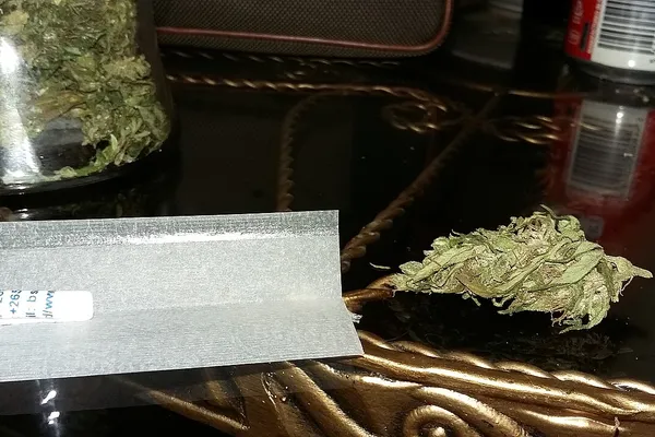 A dried Malawi cannabis flower beside rolling paper and a jar
