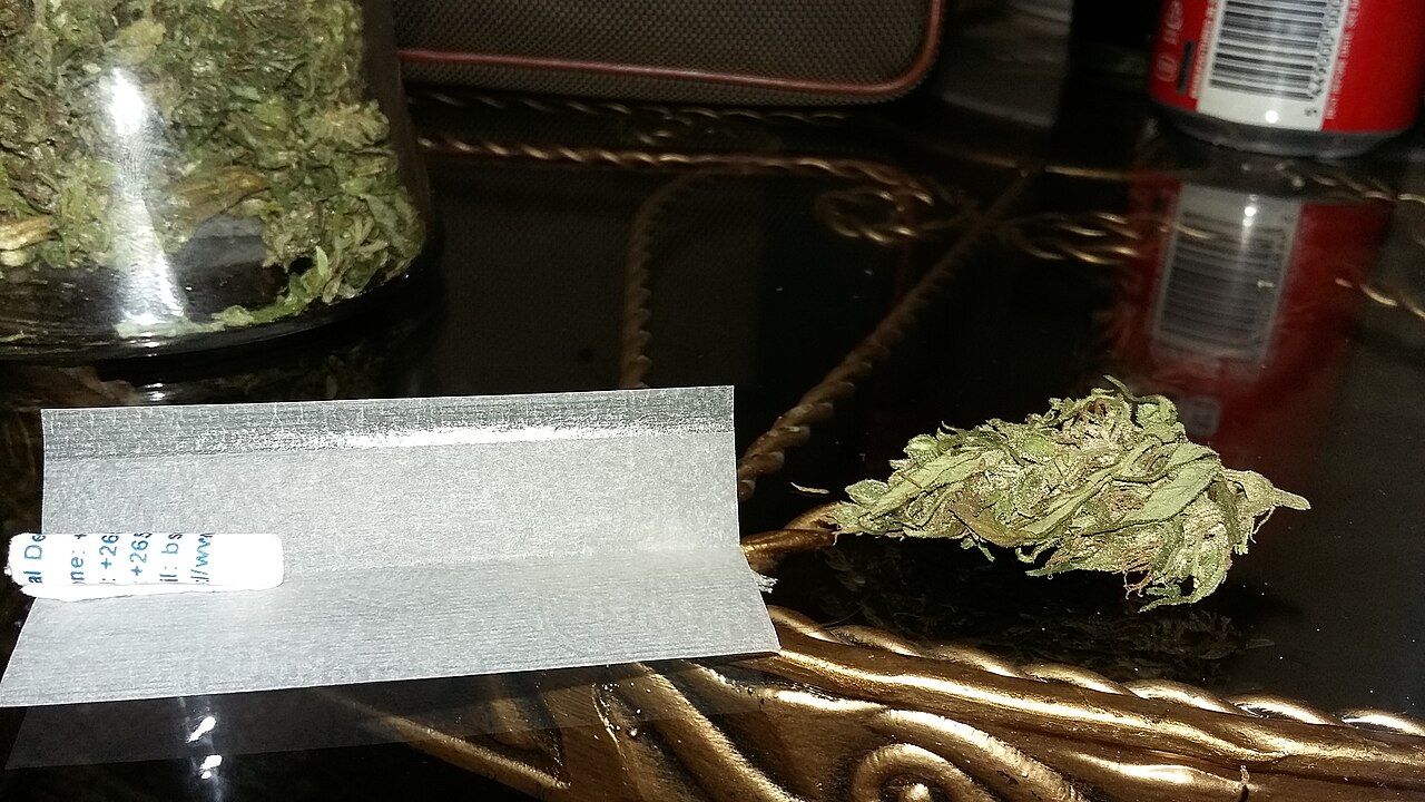 A dried Malawi cannabis flower beside rolling paper and a jar