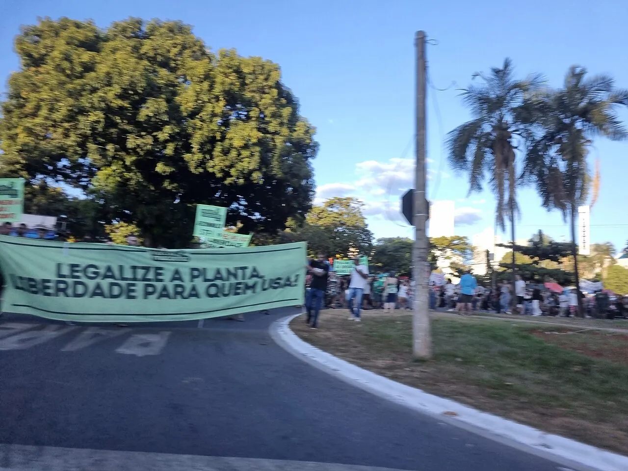 Marchers behind a long pale green banner reading "Legalize a planta, liberdade para quem usa!"