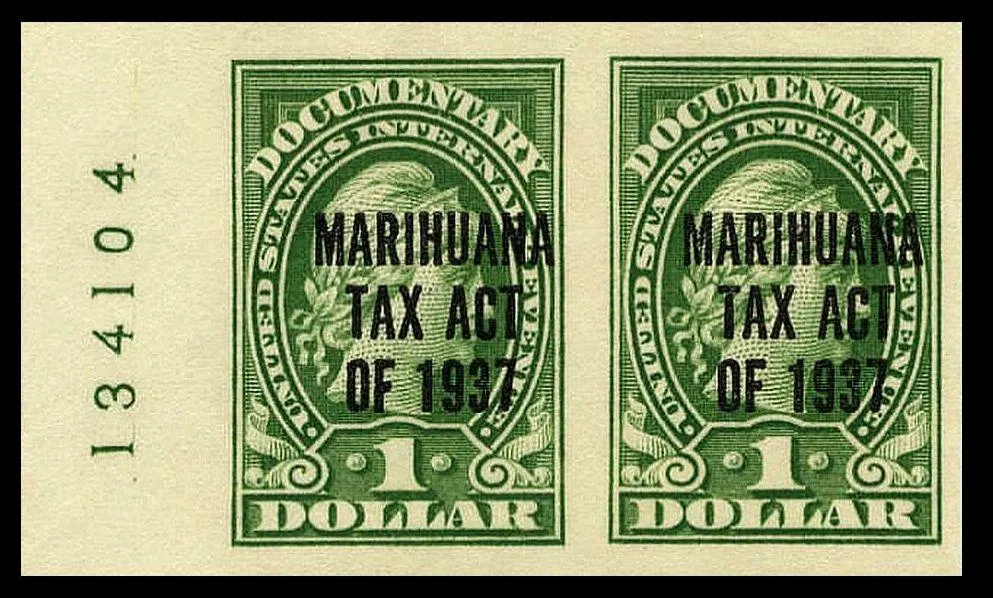 A one-dollar Marihuana Tax Act revenue stamp