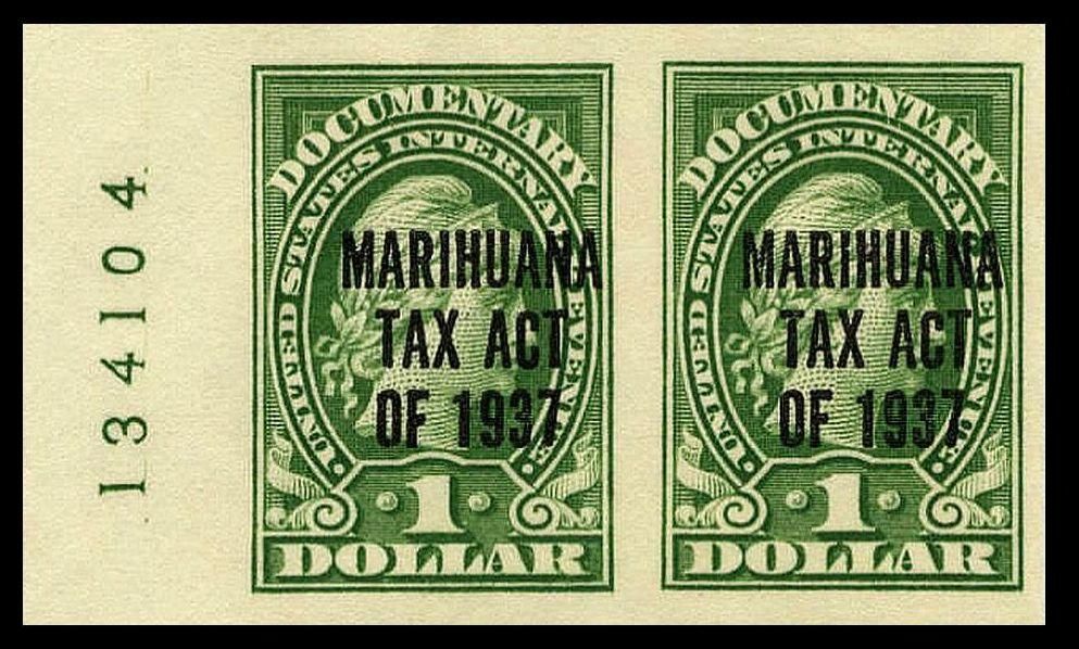 Two green one-dollar US revenue stamps labelled Marihuana Tax Act of 1937