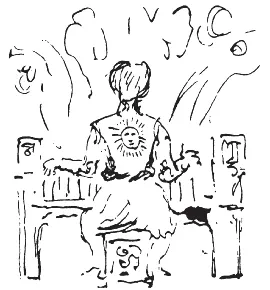 A sketch of a figure in Turkish dress at a piano, with wavy lines rising from the instrument