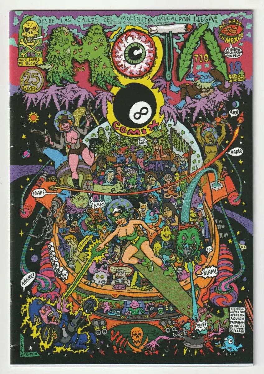 Colorful psychedelic Mexican underground comic-book cover with fantastical characters, surreal illustrations, cannabis imagery, and the title MOTA Comix.