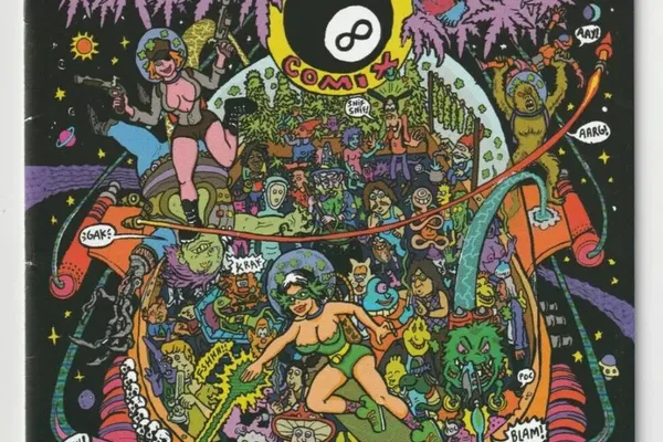 Colorful psychedelic Mexican underground comic-book cover with fantastical characters, surreal illustrations, cannabis imagery, and the title MOTA Comix.