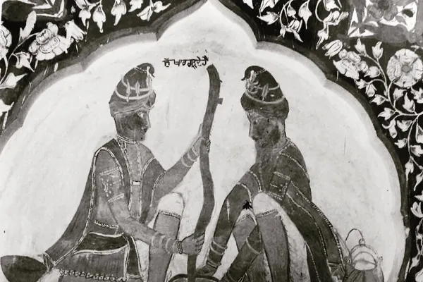 A wall painting of two Nihang Sikhs in blue grinding cannabis in a large mortar