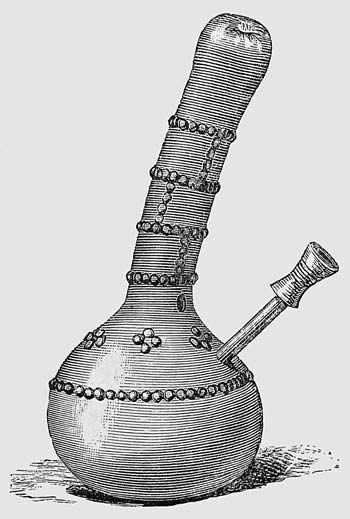 Nineteenth-century engraving of an Angolan calabash water pipe with a long decorated neck, rounded gourd chamber and projecting bowl stem.