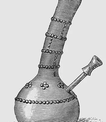 Nineteenth-century engraving of an Angolan calabash water pipe with a long decorated neck, rounded gourd chamber and projecting bowl stem.