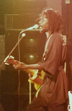 A man with long locks playing a guitar at a microphone on a dim stage