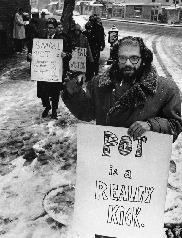 Black-and-white photograph of poet Allen Ginsberg standing in the snow holding a handmade POT IS A REALITY KICK sign, surrounded by marijuana legalization protesters.