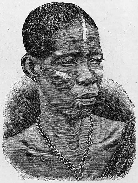 Nineteenth-century engraved portrait of Sangula Meta, with closely cropped hair, pale facial markings and a beaded necklace.
