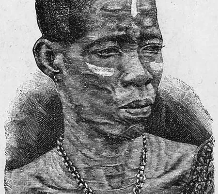 Nineteenth-century engraved portrait of Sangula Meta, with closely cropped hair, pale facial markings and a beaded necklace.