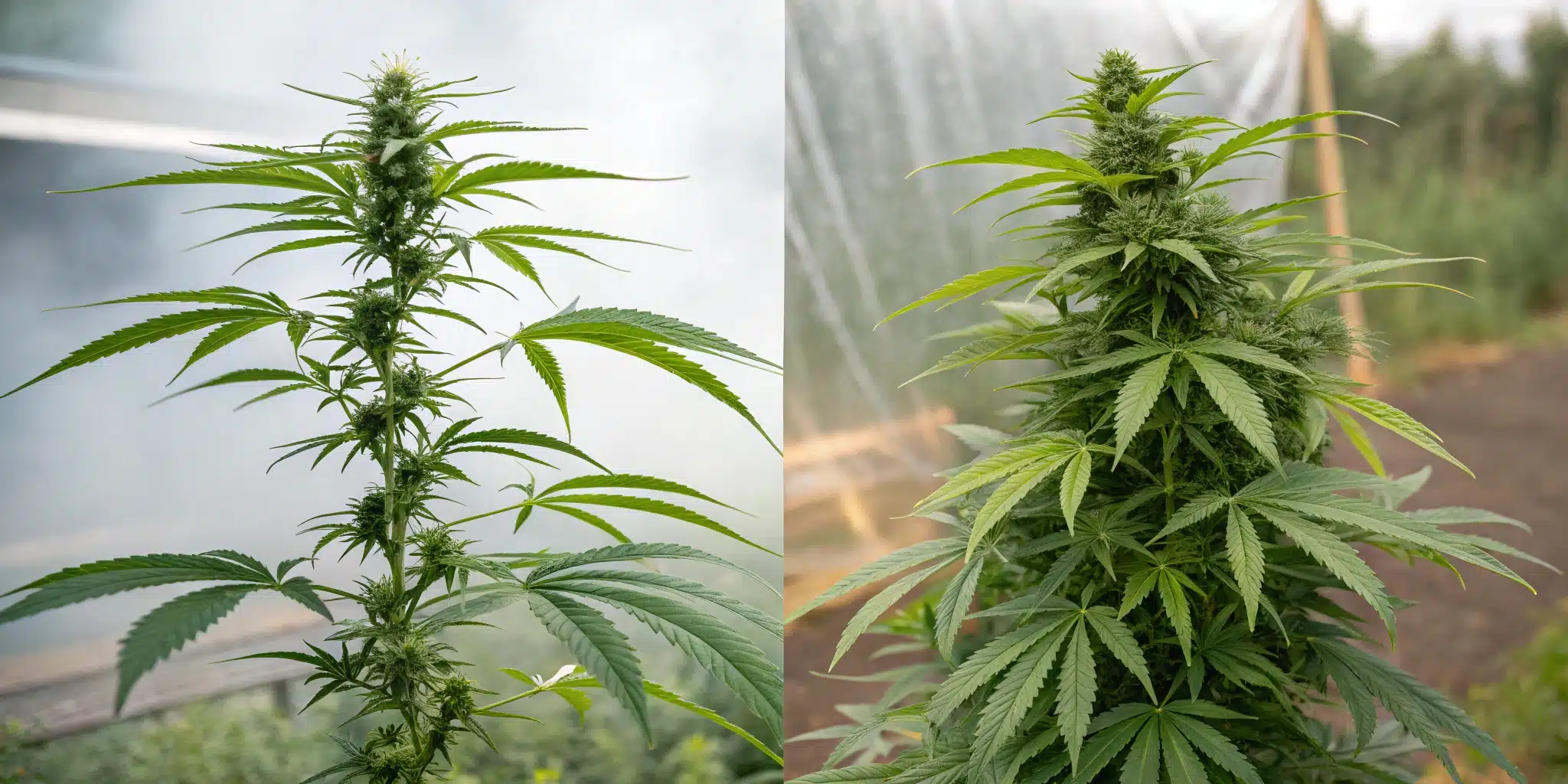 Two flowering cannabis plants side by side, with a slender stem and narrow leaves on the left and denser growth on the right