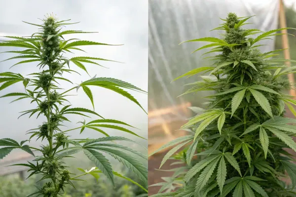 Two flowering cannabis plants side by side, with a slender stem and narrow leaves on the left and denser growth on the right
