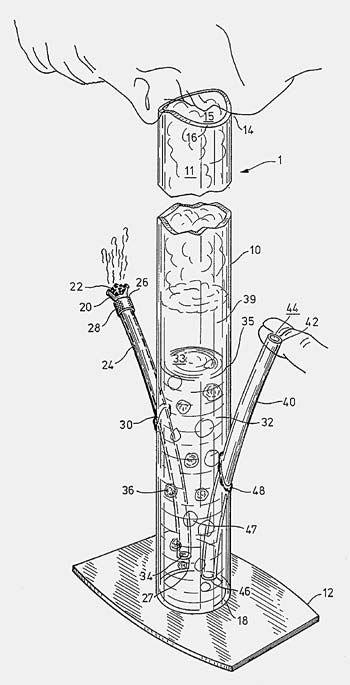 Figure from a 1980 United States patent showing a cylindrical water pipe with a smoking bowl and a separate air-admission tube labelled 40.