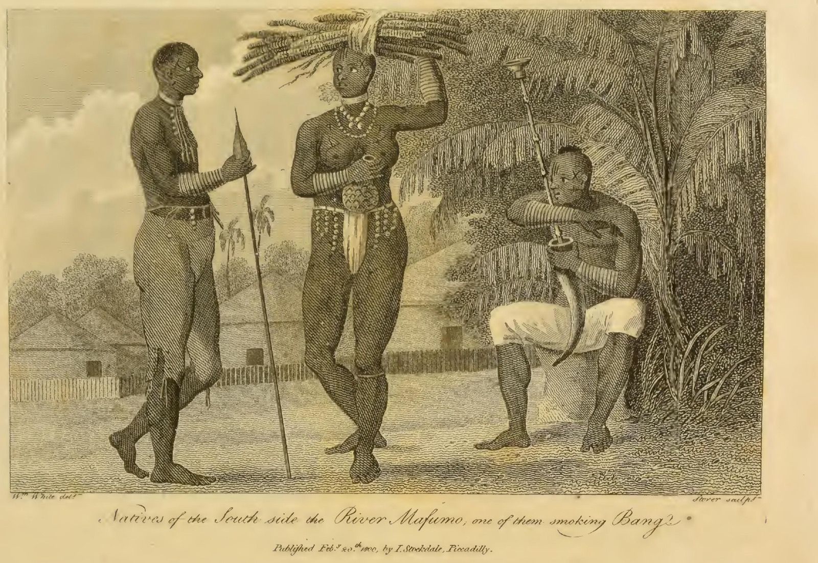 Engraving of three people outside thatched huts; on the right a seated man draws smoke from a large horn water pipe held in the crook of his arm, its long stem rising above his head.