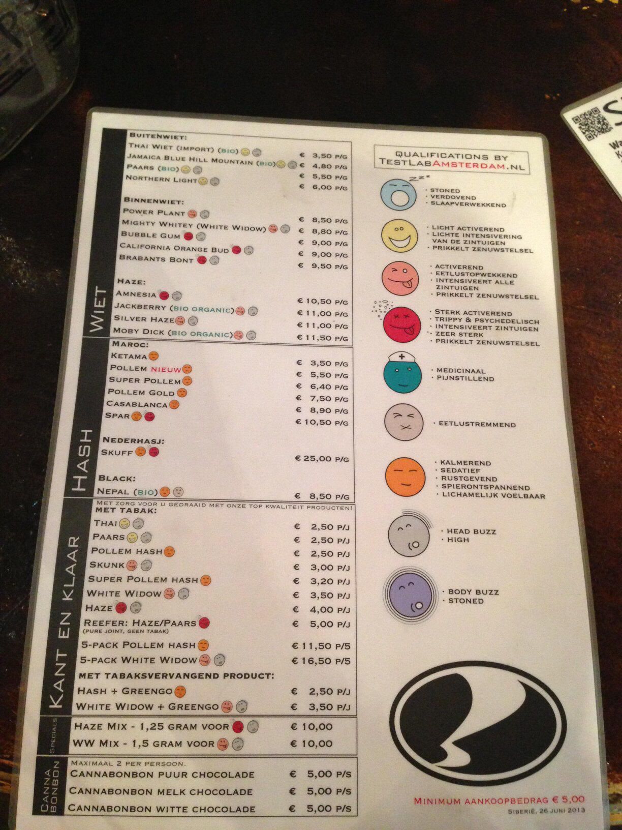 Photograph of an Amsterdam coffeeshop menu with the Dutch words WIET and HASJ printed vertically, alongside lists of cannabis varieties and prices.