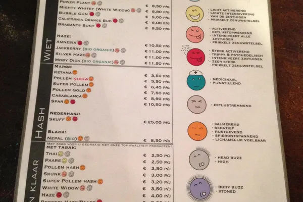 Photograph of an Amsterdam coffeeshop menu with the Dutch words WIET and HASJ printed vertically, alongside lists of cannabis varieties and prices.