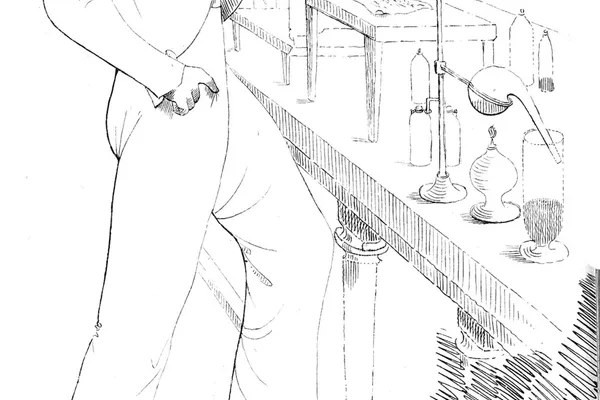 An engraving of a young man in a long coat holding up a flask beside laboratory apparatus