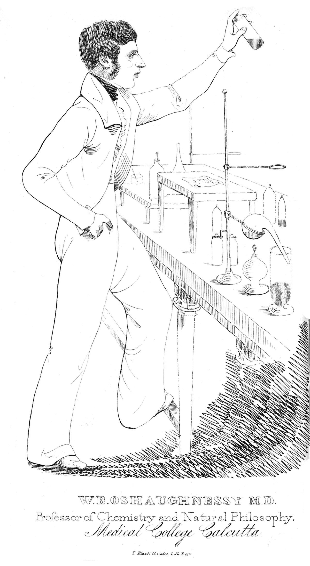 An engraving of a young man in a long coat holding up a flask beside laboratory apparatus